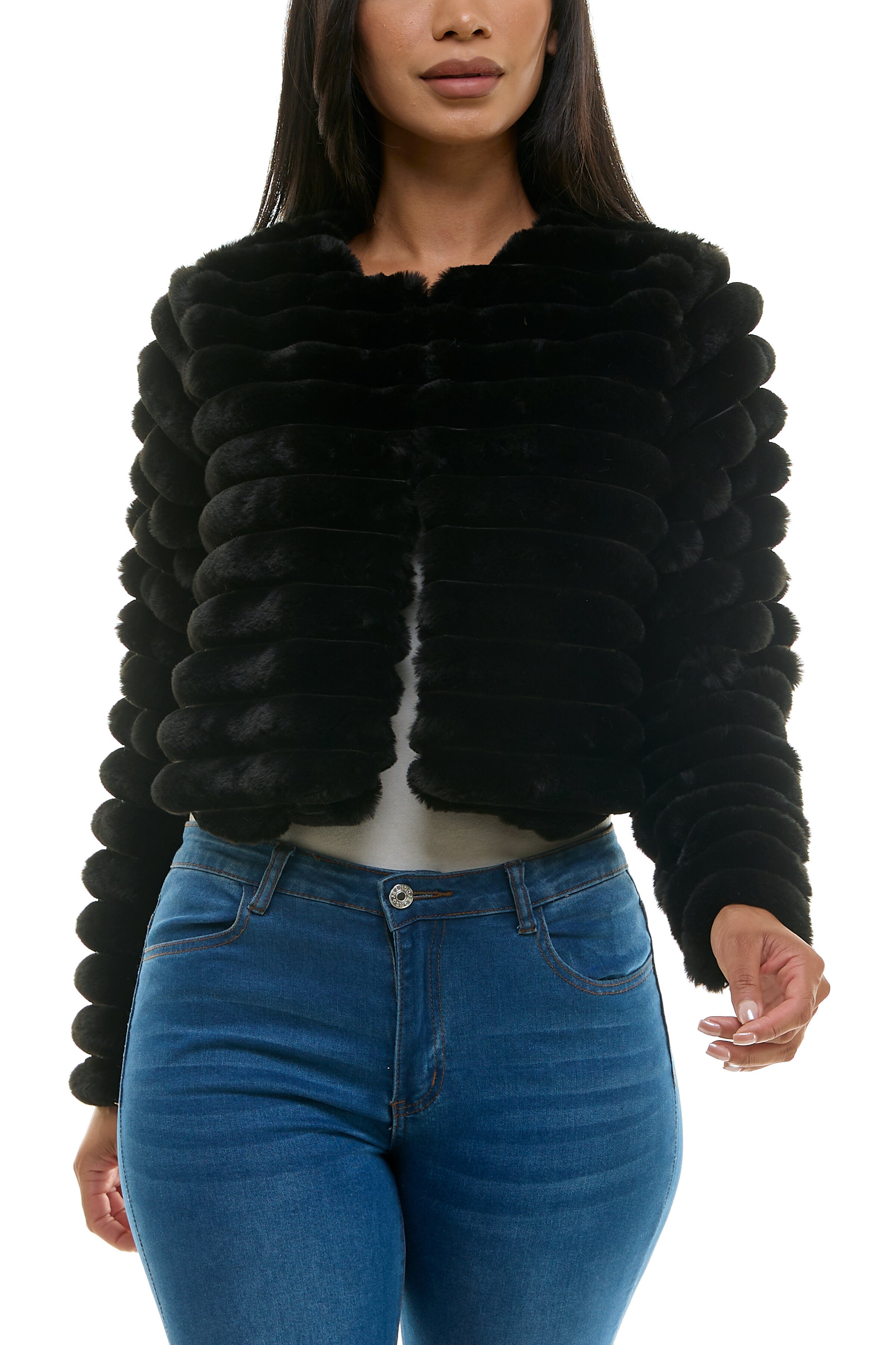 Nina Leonard Round Neckline Long Sleeves Ribbed Channeled Texture Faux Fur Cropped Coat Jacket